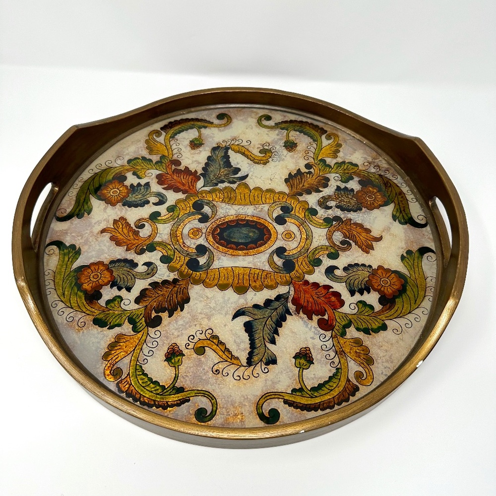 Novica Reverse Painted 15.75” Gold Floral Motifs Heaven Serving‎ Tray w/ Handles